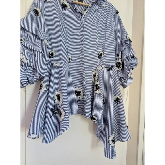 GRACIA Blue Stripe Floral Ruffle Sleeve Asymmetrical Shirt L Bold Statement Glam - Picture 7 of 11